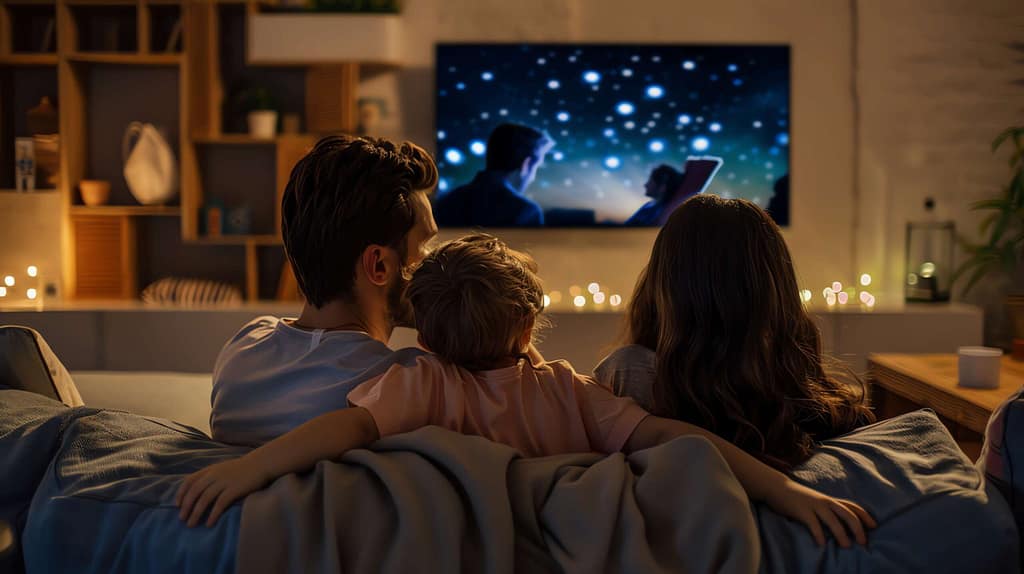 Family of three watching TV together on a couch in their living room.